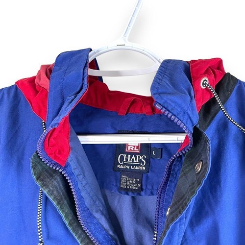 Vintage 90s Chaps Ralph Lauren Anorak Jacket Men L Blue Red Hooded Plaid Trim - Picture 5 of 5