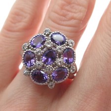 925 Sterling Silver Real Amethyst  White Topaz Gem Cluster Ring Size 7.25