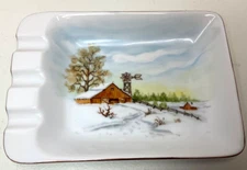 Ashtray Winter Farm Scene Hand Painted Ceramic Vintage Unmarked 7.5” x 5”