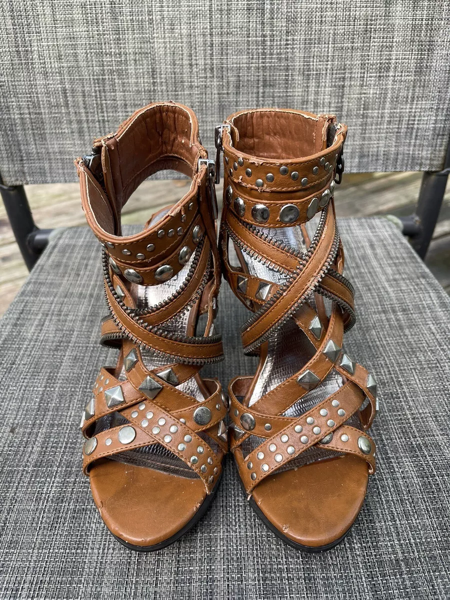 Brown Thin Strappy Straps Cleated Sole Gladiator Boots Mid Heels Sandals  Shoes