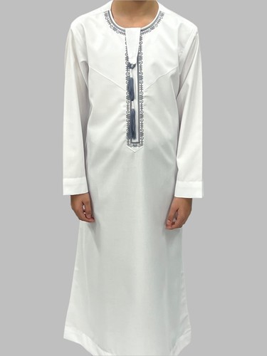 Boys Premium Quality Embroidery Emirati/Omani Thobe Jubba - White - Picture 2 of 3