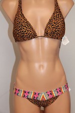 NWT VOLCOM Swimsuit Bikini 2pc set Size L Black cheeky animal print