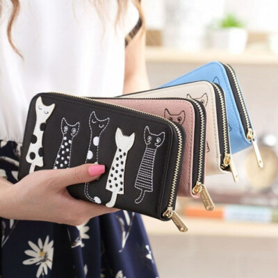 Women Leather Cute Cat Pattern Wallet Coin Card Holder Zipper Purse Long Handbag