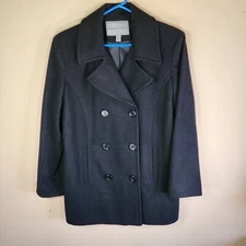 Londontowne Trench Coat Womens Size M Black Tweed Wool Blend
