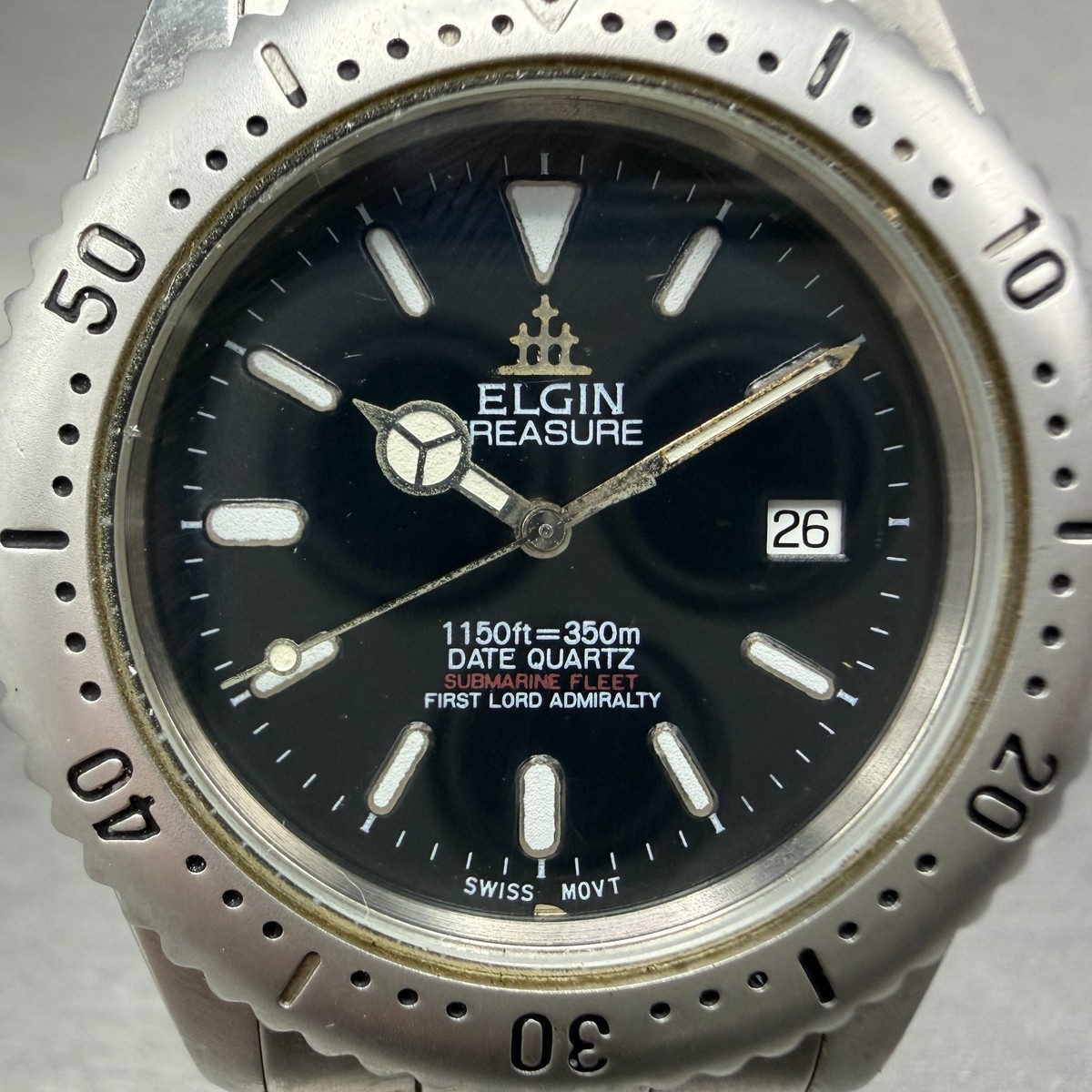 Elgin Treasure Dive Watch Men 39mm Black Dial Silver Tone Date