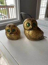 Jaru Owl Figurines Chalk Ware Gold Leaf Sculpture Green Eyes 70’s Vintage