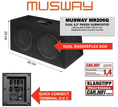 MUSWAY MR206Q Dual Bassreflex Subwoofer Bassreflexbox Woofer 2 x 16,5cm 600 Watt