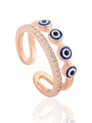 Rose Gold Evil eye Cuff Ring Cubic Zircon 925 Sterling Silver Enemal Ring 8 Us