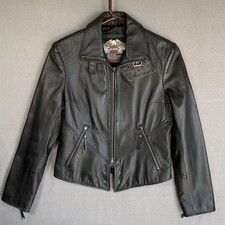 Harley-Davidson Jacket Womens Small Black Leather Eagle Embroidered Motorcycle
