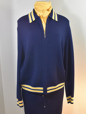 St John Sport Marie Gray L Navy Knit Zip Jacket Striped Trim Vintage USA Preppy