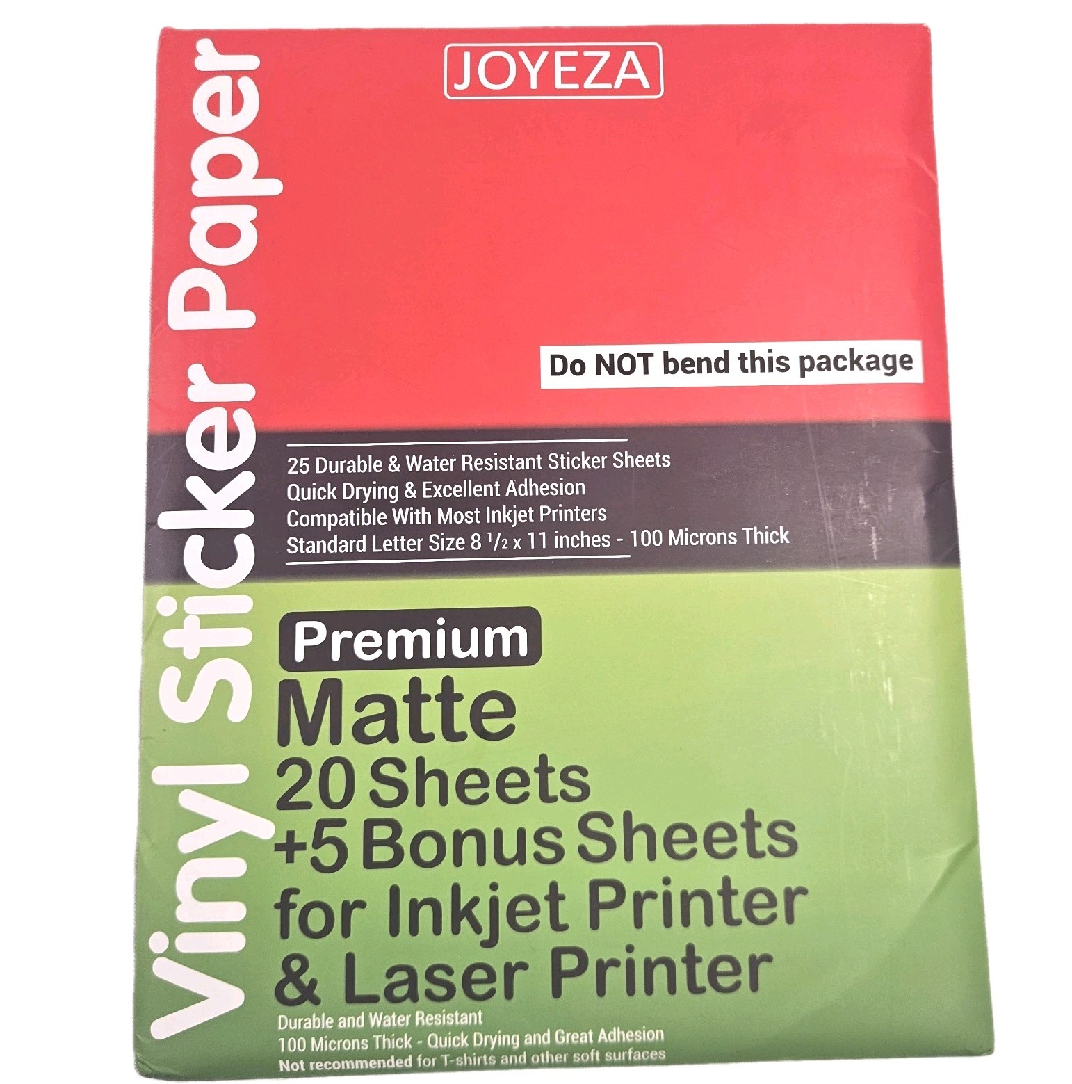 JOYEZA Premium Matte Printable Vinyl Sticker Paper 20 + 5 Inkjet Sheets 8.5 x 11