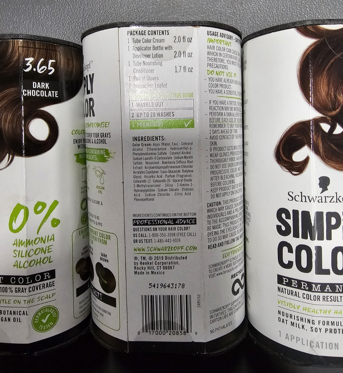 4 X Schwarzkopf Simply Color Perm. Hair Color 3.65 DARK CHOCOLATE