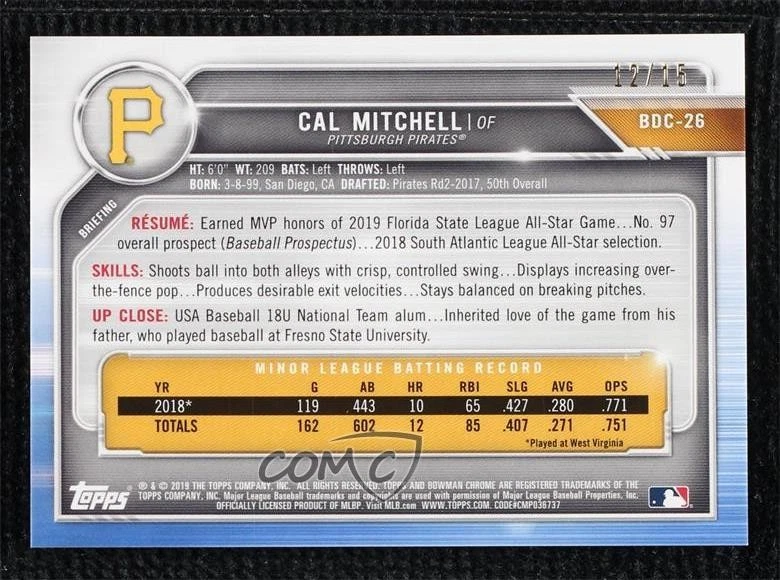 2019 Bowman Chrome Draft Sapphire Edition Gold /15 Cal Mitchell #BDC-26 - Image 2 of 2