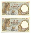 100 FRANCS LOT 2 BANKNOTES BANQUE DE FRANCE DUC DE SULLY FRANCE 09/01/1941 SPL