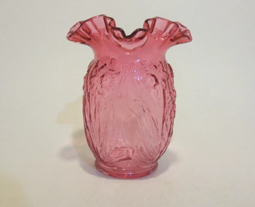 Fenton Cranberry Glass Ruffled Vase - Daffodil Design - 8" Tall