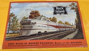Reproduction 11”x16” metal Rock Island advertising sign featuring GM Aerotrain C