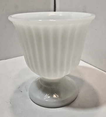 Vintage Inarco Milk Glass Ribbed Pedestal Compote Vase Planter 6'' Tall