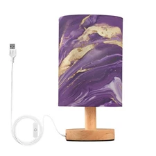 Purple Gold Swirl Bedside Table Lamp with Wood Base, Simple Round Flaxen Shad...
