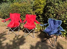 Three used Foldable Camping Chair with Cup Holder & Carry Bag two red, one blue