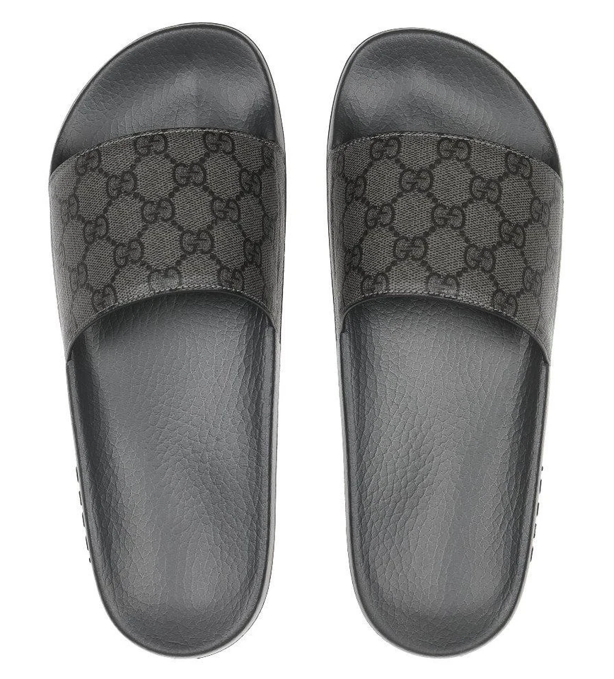 NEW GUCCI GRAY BLACK GG GUCCISSIMA SUPREME LEATHER SLIDE SANDALS SHOES 8/US 8.5