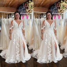 Wedding Dresses with Split V Neck Off Shoulder Boho Beach Bridal Gowns A Line