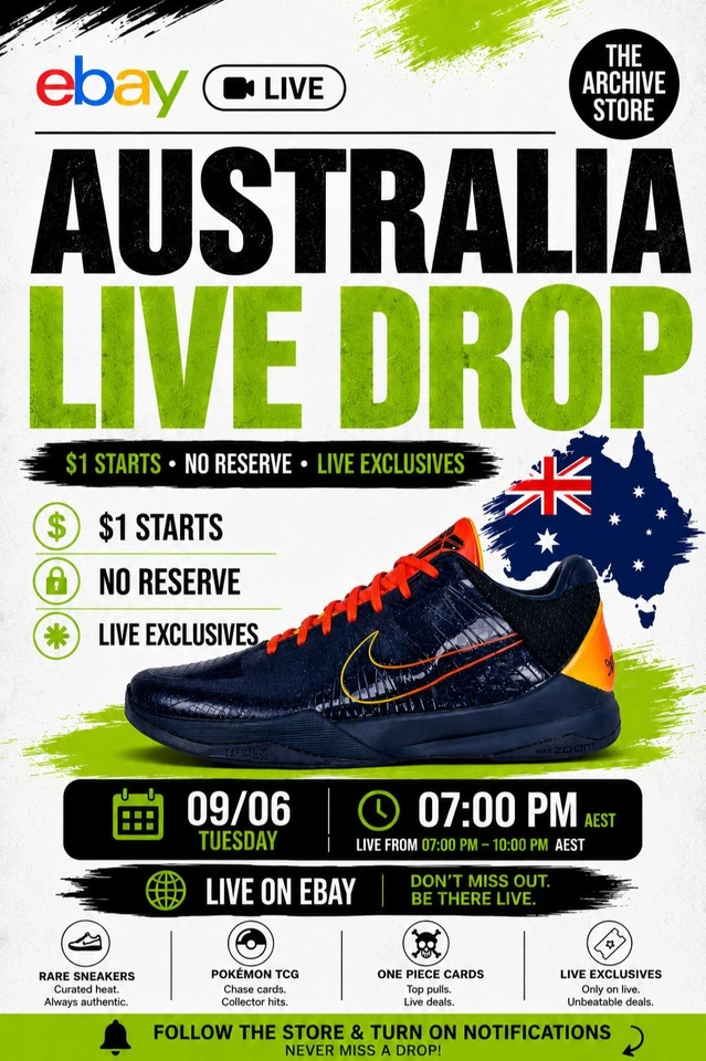 🇦🇺 Australia Live Drop, $1 No Reserve Kobe, Jordan 🔥THE ARCHIVE STORE