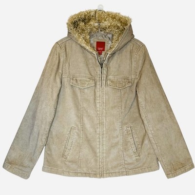 Vintage Y2K Esprit Corduroy Hooded Jacket Women M Beig  Full Zip Faux Fur Trim