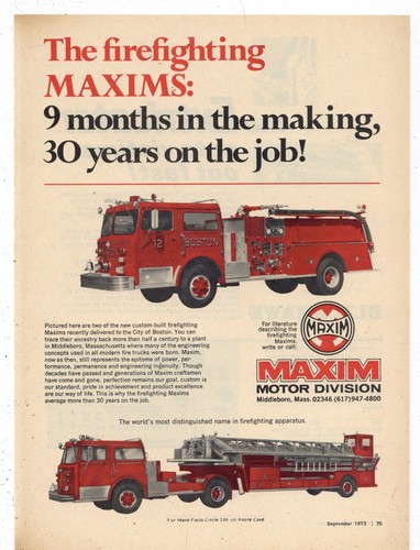1973 Maxim Fire Apparatus of Middleboro Massachusetts Ad: Bostin Fire Dept Truck