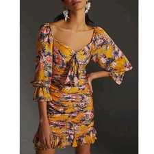 Anthropologie Ranna Gill Ruched Floral Mini Dress  In Yellow Motif Size M