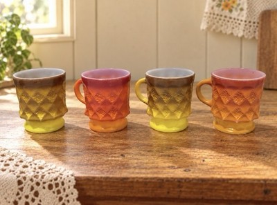 4 Vtg Kimberly Fire King Fireking Quilted Mugs Cups USA Stacking