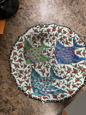 Hand Painted Turkish Iznik Style Fish Bowl Plate Signed Salim Kolhan Bosphorus