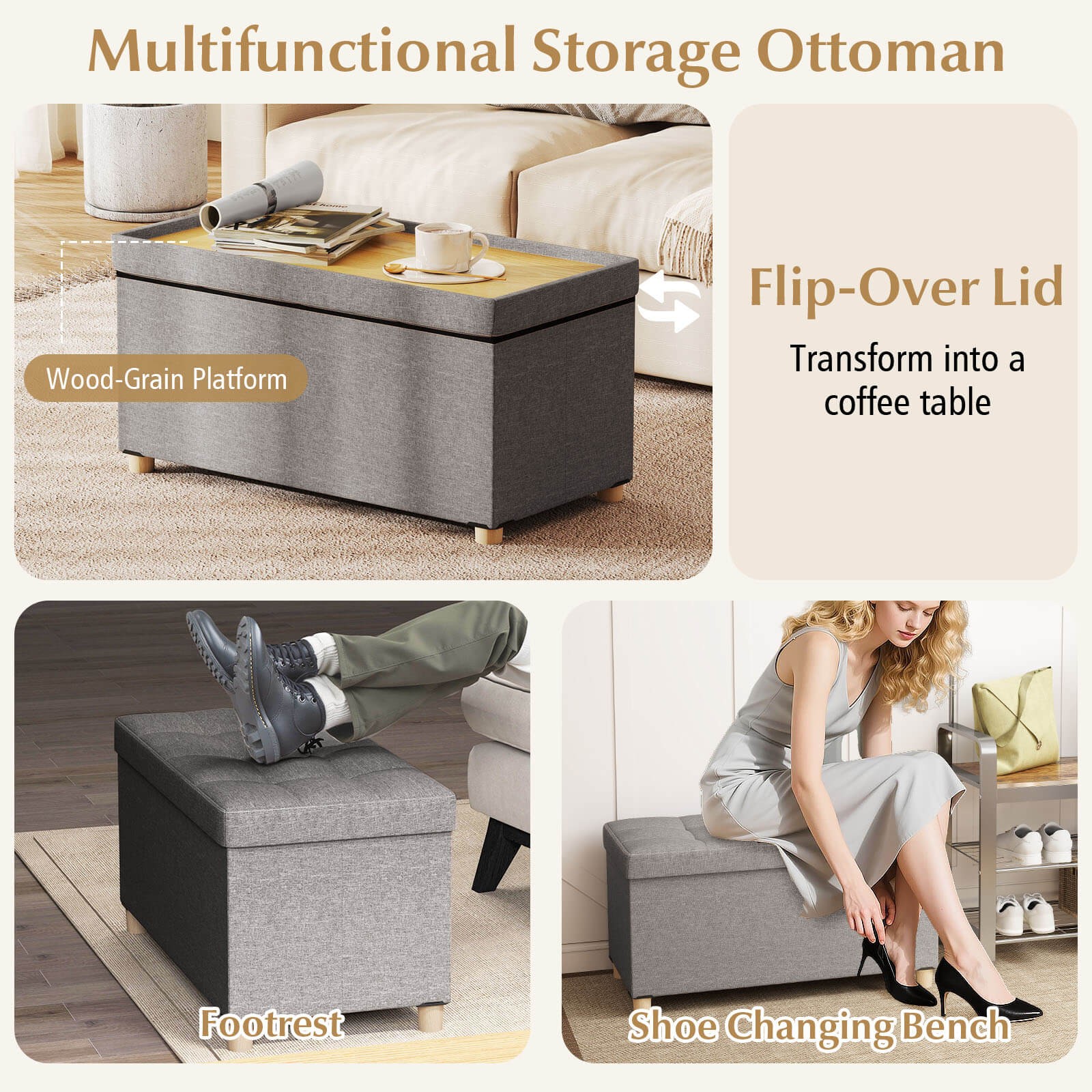 30” Storage Ottoman Bench w/Tray Rubber Wood Legs for Small Space Entryway