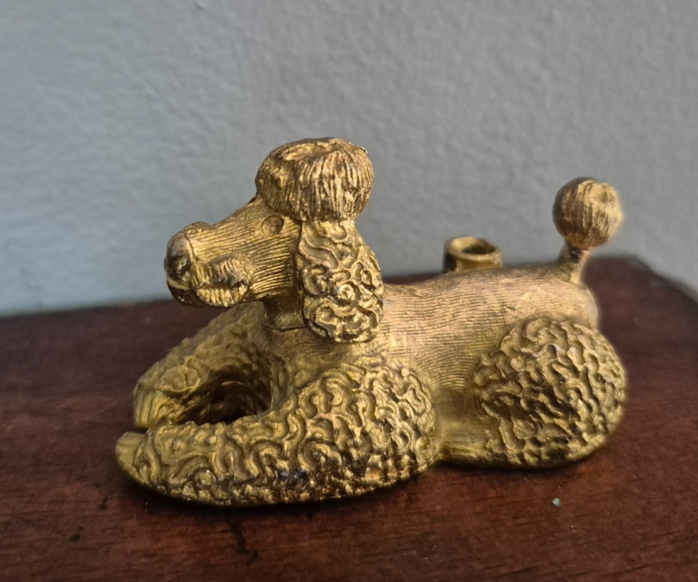 Vintage Gold Tone Poodle Figurine Pen Holder, missing eyes