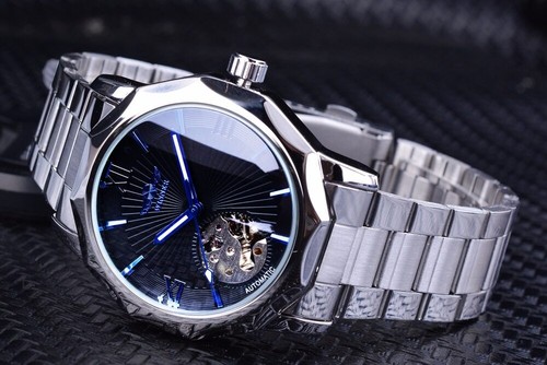 Blue Ocean Geometry Design Skeleton Dial Men's Automatic Mechanical Wrist Watch - Picture 15 of 17