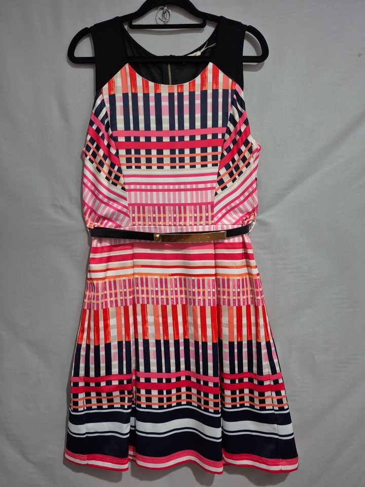 Teaberry Black Pink Fit & Flare Sleeveless Dress Size 10 Belted Lined