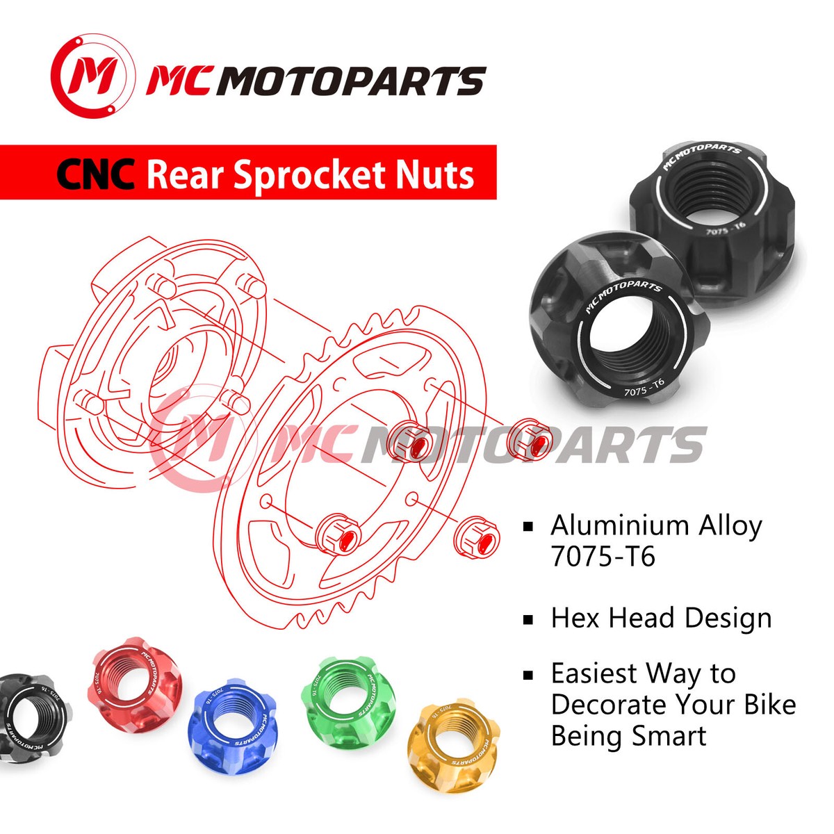 SPOKE6 Red Rear Sprocket Nuts M10 For Kawasaki ZX-6R 636 /ABS 19