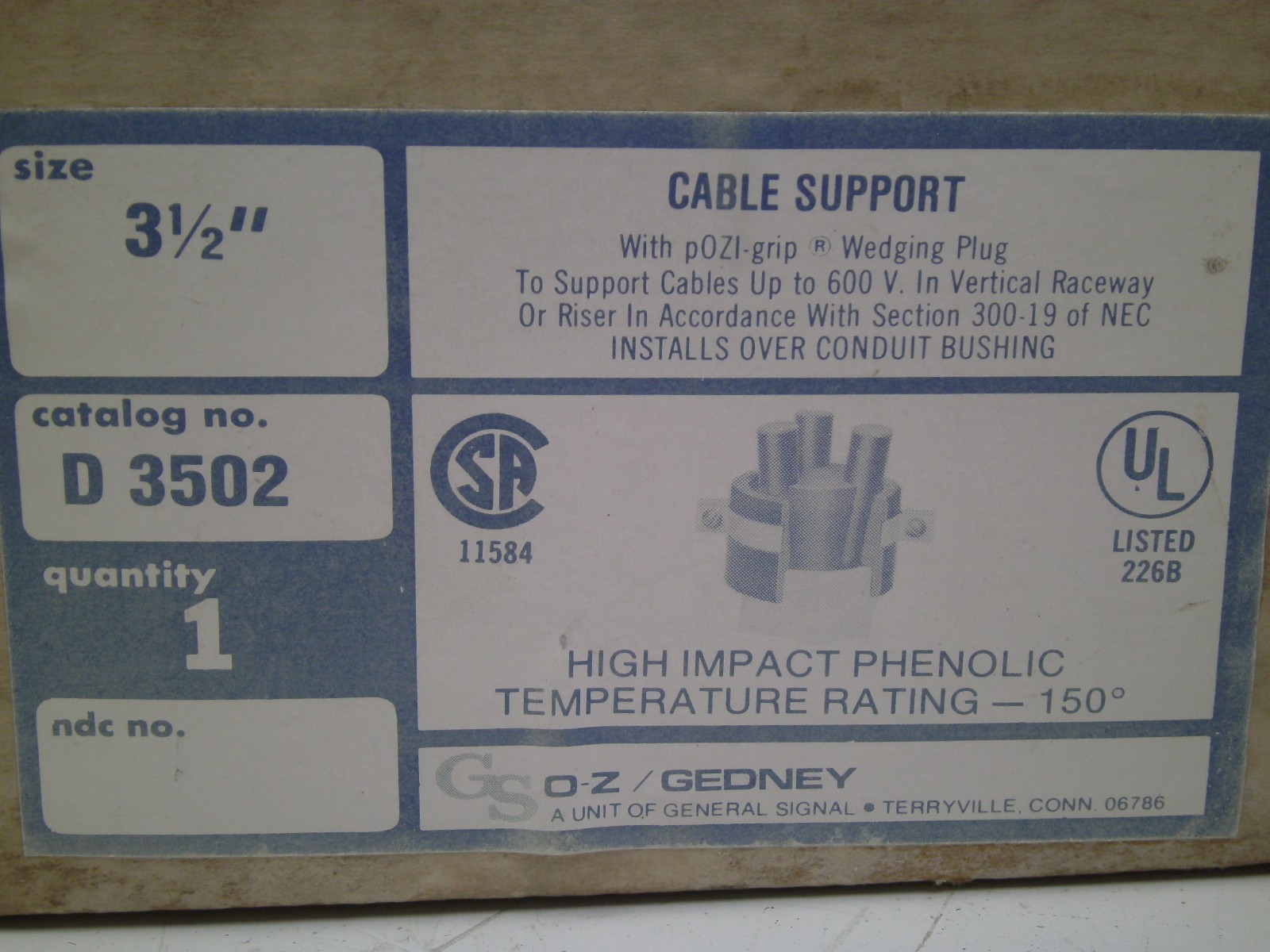 NEW NO INSIDE! OZ GEDNEY D3502 D3502 CABLE SUPPORT BODY 600V 31/2