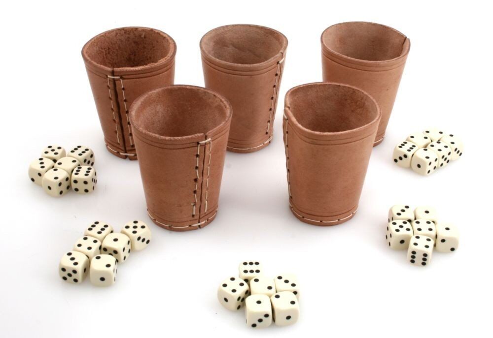 5 X Würfelbecher Echt Leder Top Qualität + 30 Würfel Knobeln