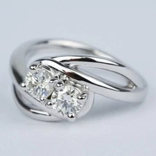 2Ct Round Cut Real Moissanite Two Stone Engagement Ring 14K White Gold Plated