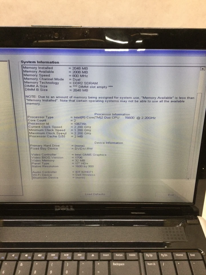 Dell Inspiron 1750 Laptop Core 2 Duo T6600 2.2GHz 2GB RAM NO HDD/OS For Parts DW - Image 2 of 4