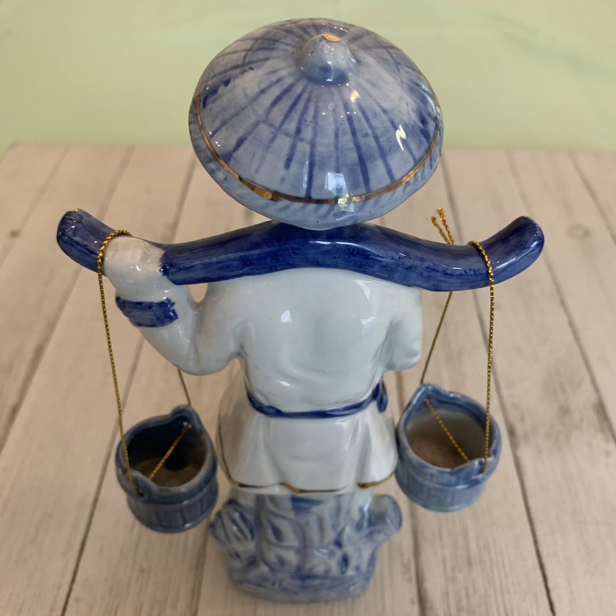 Chinese Fisherman Figurine With Water Buckets Yoke Blue