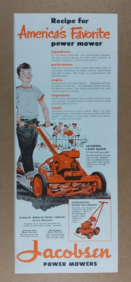 1952 Jacobsen Lawn Queen Reel Mower vintage print Ad