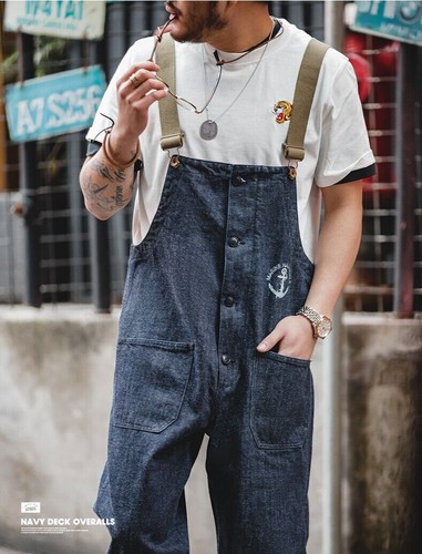 Mens Navy Deck Overalls Cargo Salopette Homme Jumpsuit Denim Jeans Bib Pants - Picture 15 of 17