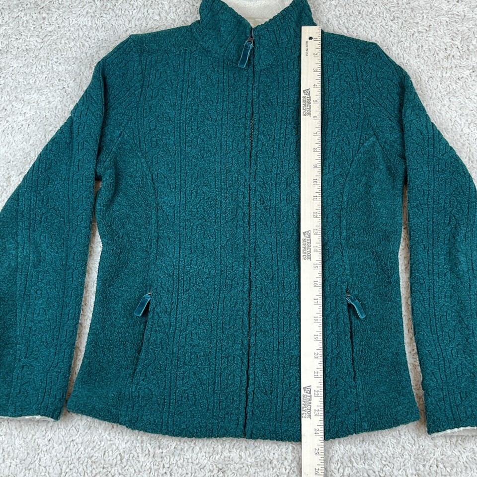 LL bean Sweater Womens XS Green Cable Knit Fleece Full Zip Sherpa Trim