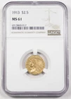1913 $2.5 ($2 1/2) Indian Head Quarter Eagle Gold Coin NGC MS61 UNC/BU