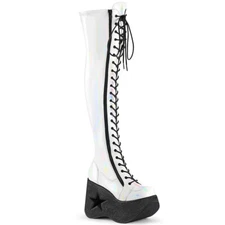 DEMONIA DYNAMITE-300 Women's White 5" Star Cutout Platform Wedge Lace-Up Boots