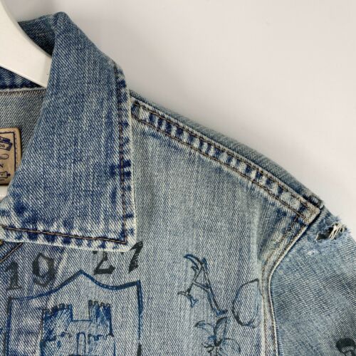 NEW Polo Ralph Lauren Graffiti Print Patch Jean Jacket Distressed Denim Rowdie M - Picture 2 of 12