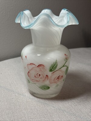 Fenton Art Glass・アンティークガラス Vintage Fenton Teleflora Swirl Art Glass Vase Hand Painted
