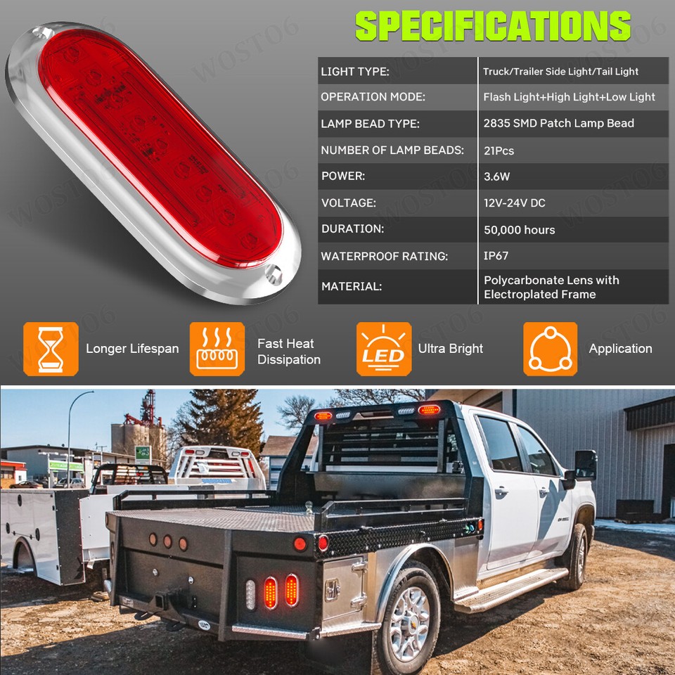 Red 7 LED 6" Oval Trailer Truck Stop Turn Brake Tail Light Red Lens