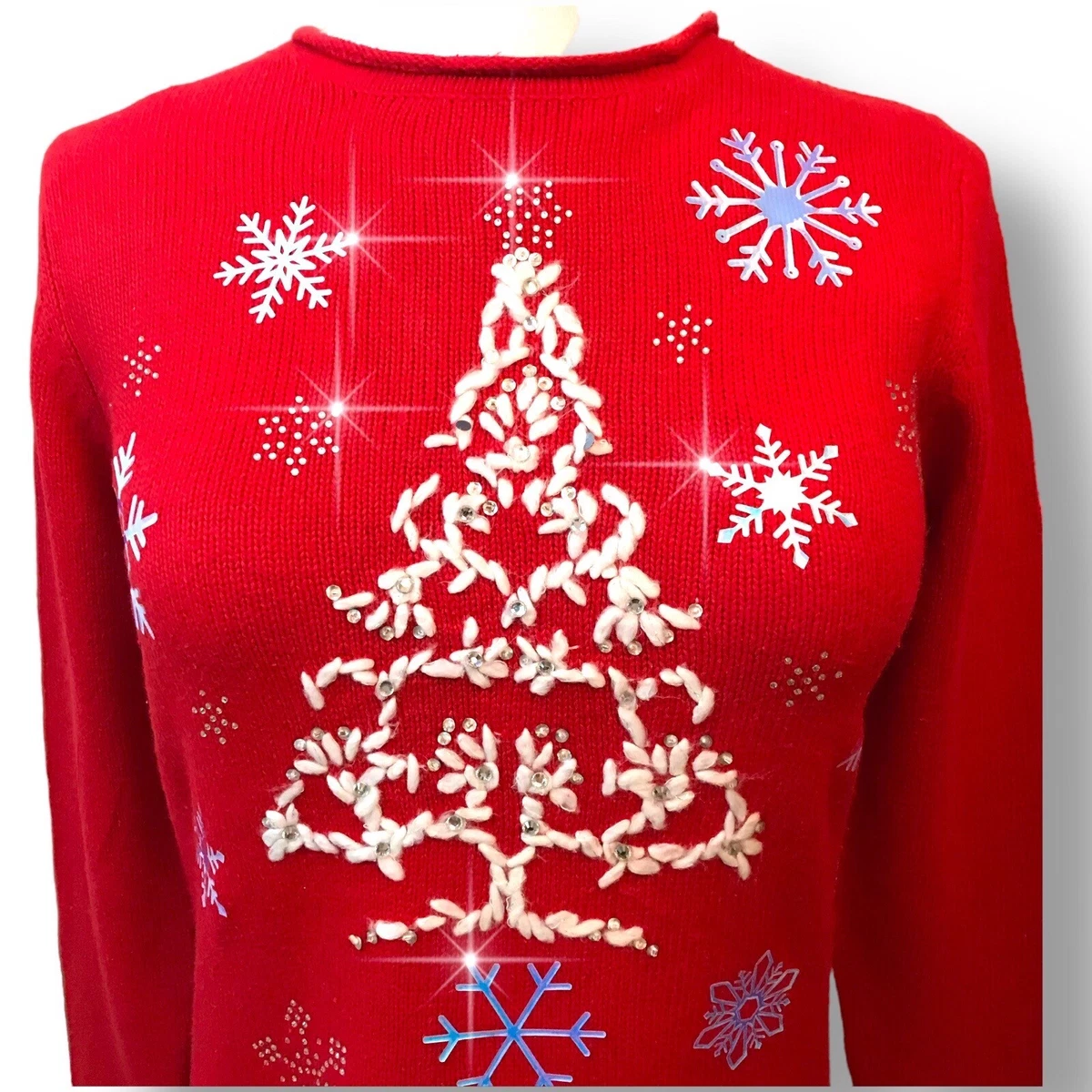 Coldwater Creek Ugly Christmas Sweater Rhinestones Hologram